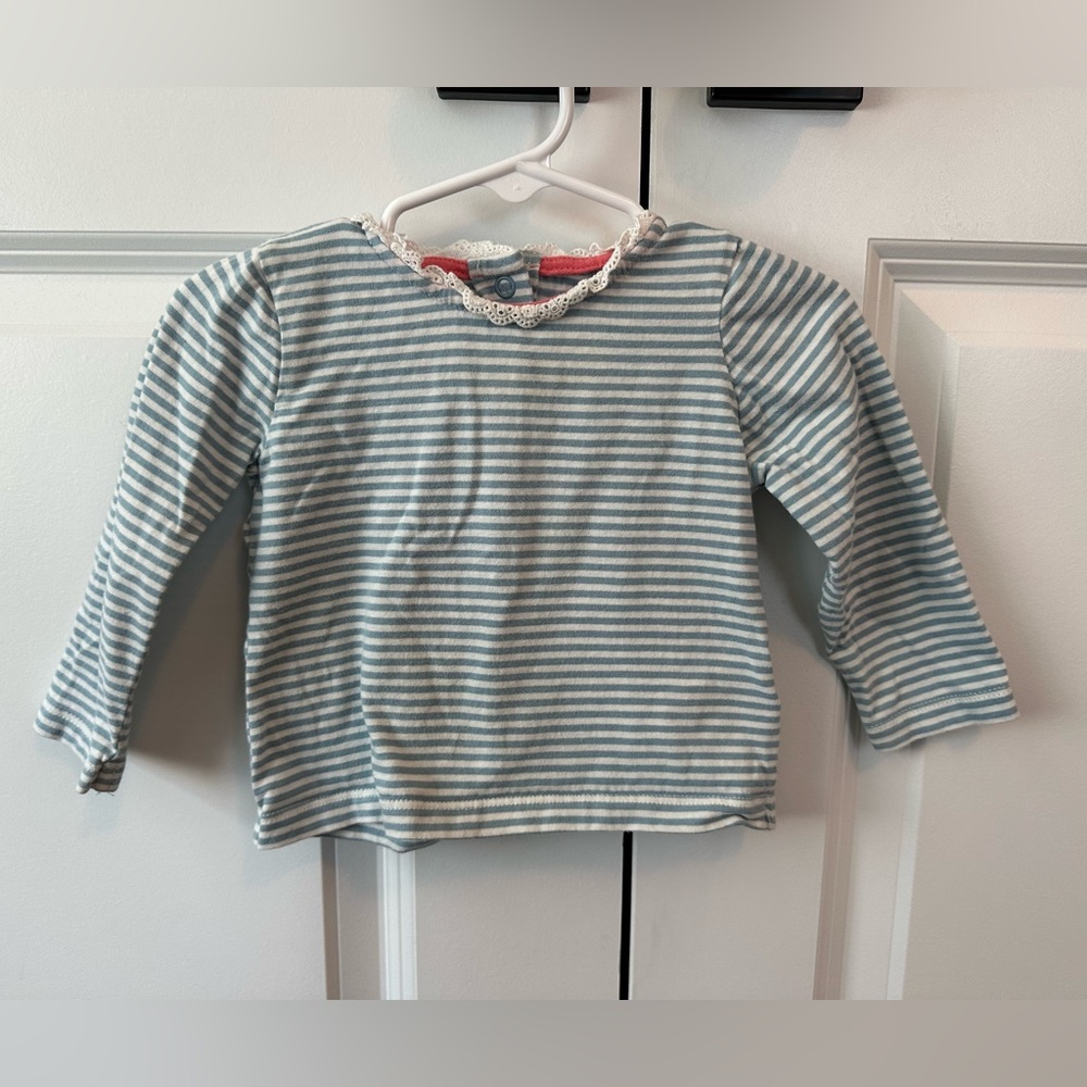 Baby Boden Blue and White Striped long Sleeve Shirt w/Scalloped Collar (6-12 Mo)